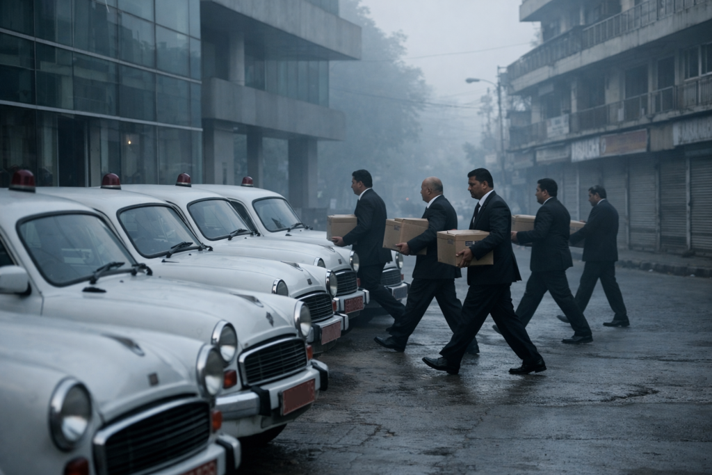 Indian government officials carry document boxes past parked white sedans in a deserted Surat diamond market district at dawn, metal shutters closed and streets shrouded in mist.