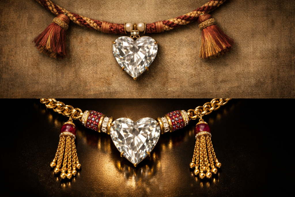 Heart-shaped diamond shown in two eras—traditional Indian silk cord above and 1970s gold necklace with ruby accents below, contrasting heritage and modern luxury.