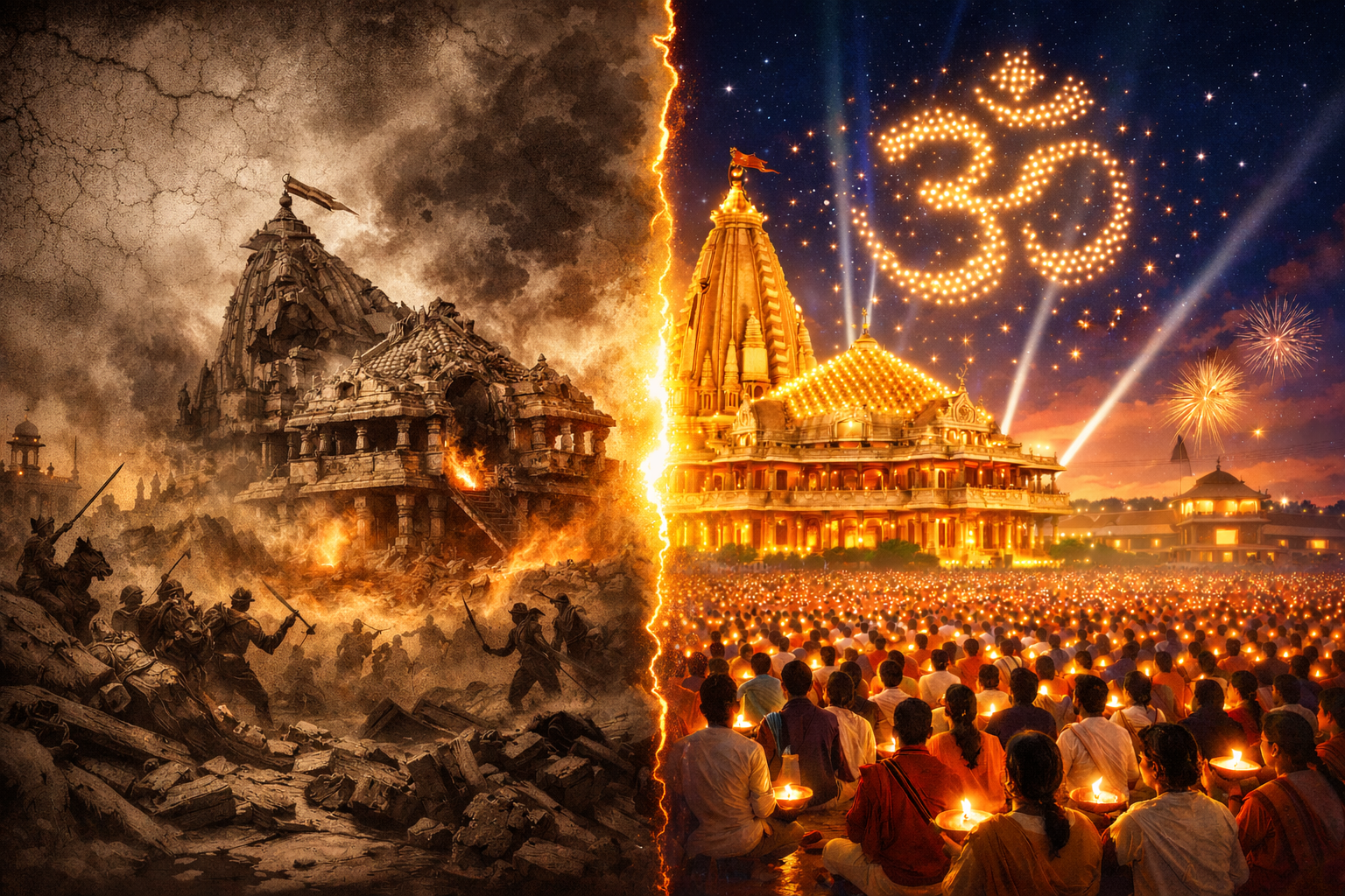 Split composition showing Somnath Temple's transformation from 1026 AD siege with flames and warriors on left to 2026 celebration with illuminated temple, drone light show forming Om symbol, and thousands of devotees holding diyas on right, divided by lightning bolt