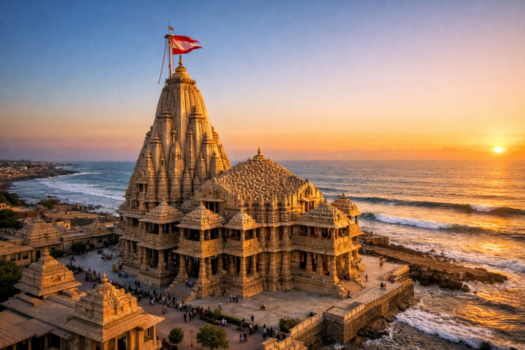 A cinematic aerial view of the Somnath Temple at golden hour, with its majestic shikhara and fluttering flag overlooking the Arabian Sea, bathed in warm sunset light with gentle waves and a glowing sky.