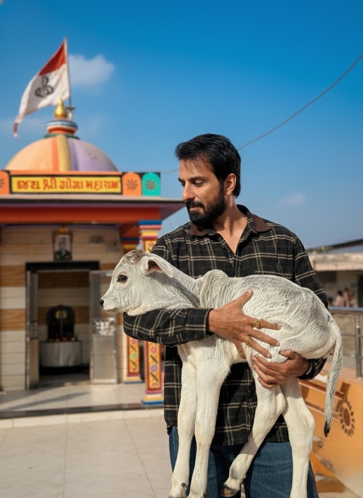 A realistic photo of actor Sonu Sood in a rural Indian setting, gently cradling a small white calf in his arms. He is wearing a black and brown checkered shirt and looking down at the animal with a kind expression. In the background is a small, colorful village temple under a soft, orange-hued sunset sky.
