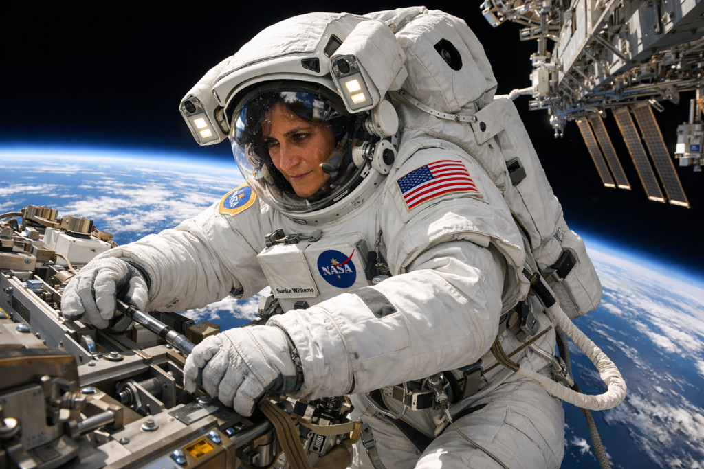 NASA astronaut Sunita Williams conducts a spacewalk outside the International Space Station, wearing a white EVA suit with visible NASA and U.S. flag patches. She is tethered to the station while using tools on exterior equipment, with the ISS structure illuminated by sunlight and the curved blue horizon of Earth stretching across the background against the blackness of space.