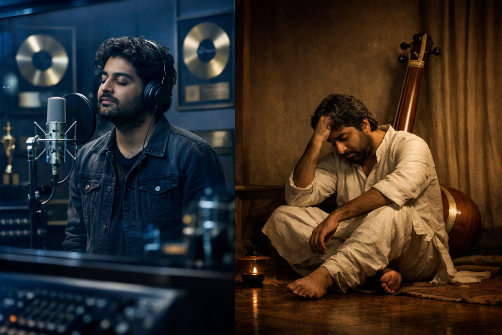 Split-screen image of a celebrated Indian singer—one side in a high-tech recording studio with awards, the other seated alone in a minimalist classical setting—symbolizing the tension between commercial success and artistic burnout.