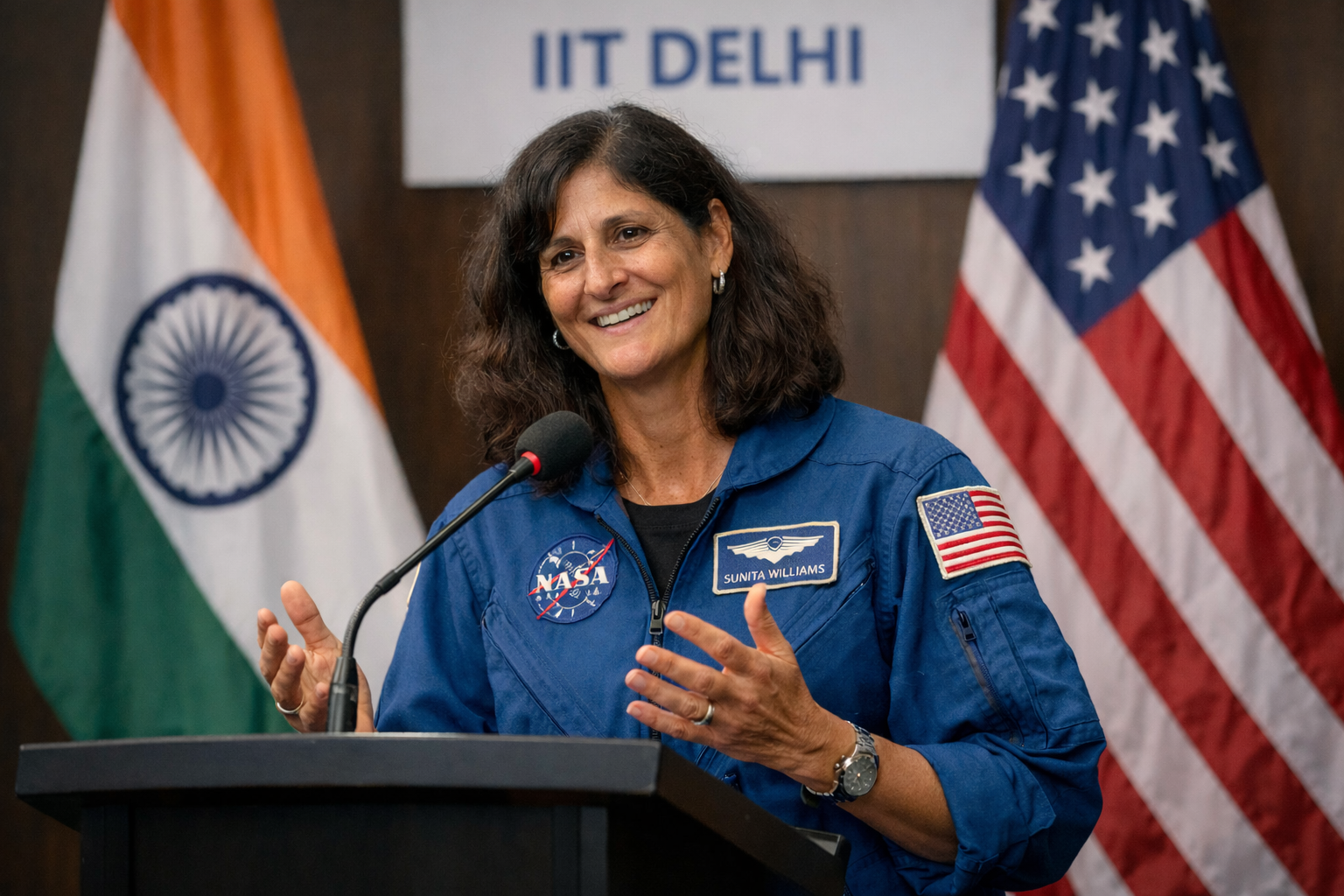 Astronaut Sunita Williams speaks at IIT Delhi, smiling warmly at a podium, with Indian and American flags displayed behind her.