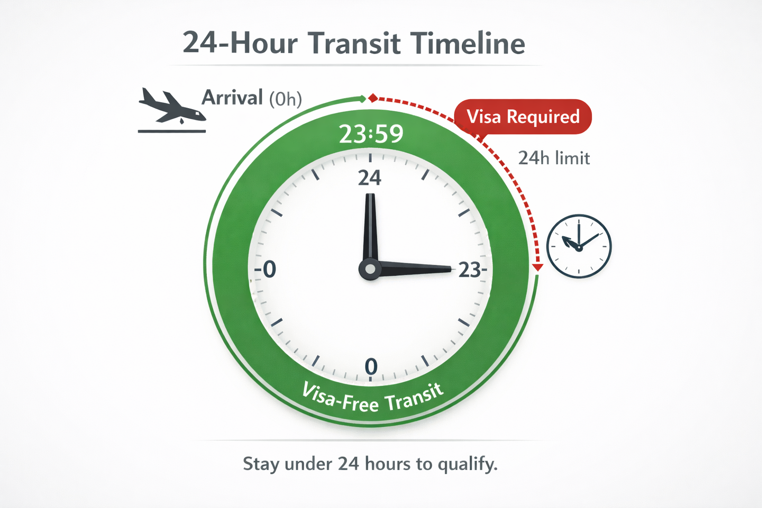 Circular 24-hour transit timeline infographic showing a green visa-free zone from arrival at 0 hours to 23:59, with a red zone beyond the 24-hour limit labeled visa required.