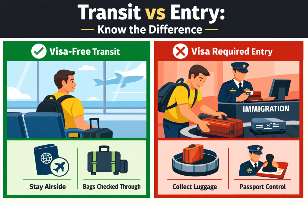 Split-screen infographic comparing visa-free airport transit versus visa-required entry, showing airside seating on the left and immigration with baggage claim on the right.