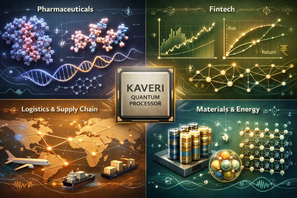 Quad-panel illustration of India’s Kaveri quantum processor applications: pharmaceuticals, fintech, logistics, and materials & energy, connected with quantum symbols.