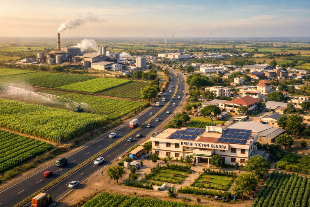 Aerial view of Baramati showing green agricultural fields, modern irrigation, a sugar cooperative and industrial facilities alongside clean roads and rural infrastructure, highlighting balanced development.