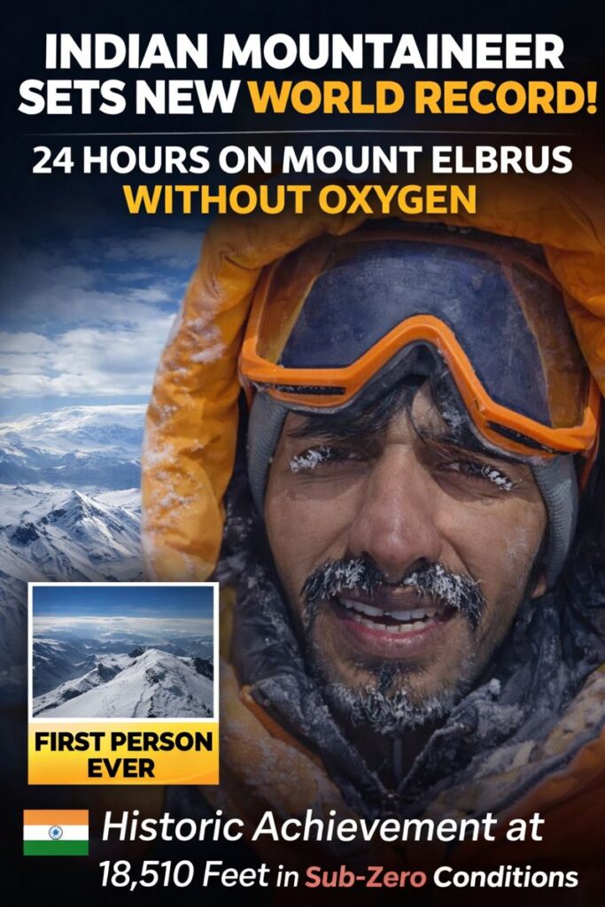 “Indian mountaineer creating history on Mount Elbrus by surviving 24 hours at the summit without oxygen, symbolizing courage, resilience, and determination.”
