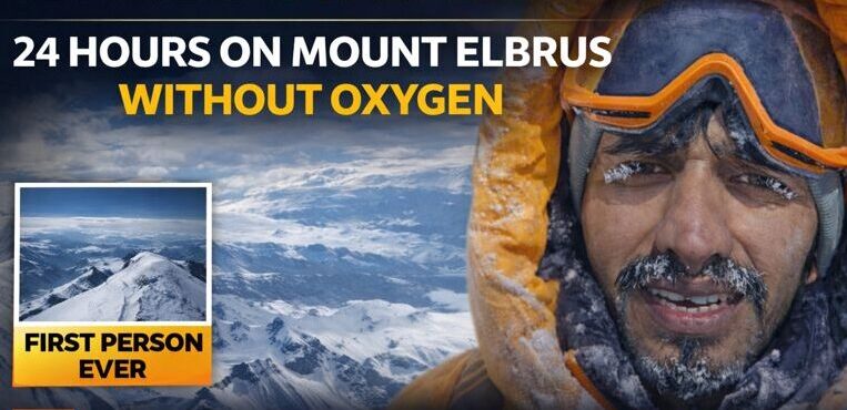 “Indian mountaineer creating history on Mount Elbrus by surviving 24 hours at the summit without oxygen, symbolizing courage, resilience, and determination.”