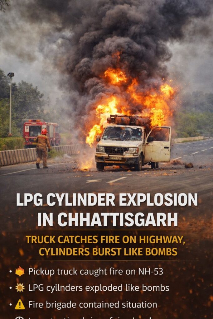 Pickup van engulfed in flames after LPG cylinder explosion on a highway in Chhattisgarh, with fire and smoke rising during a major safety incident.
