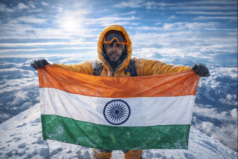 “Indian mountaineer creating history on Mount Elbrus by surviving 24 hours at the summit without oxygen, symbolizing courage, resilience, and determination.”
