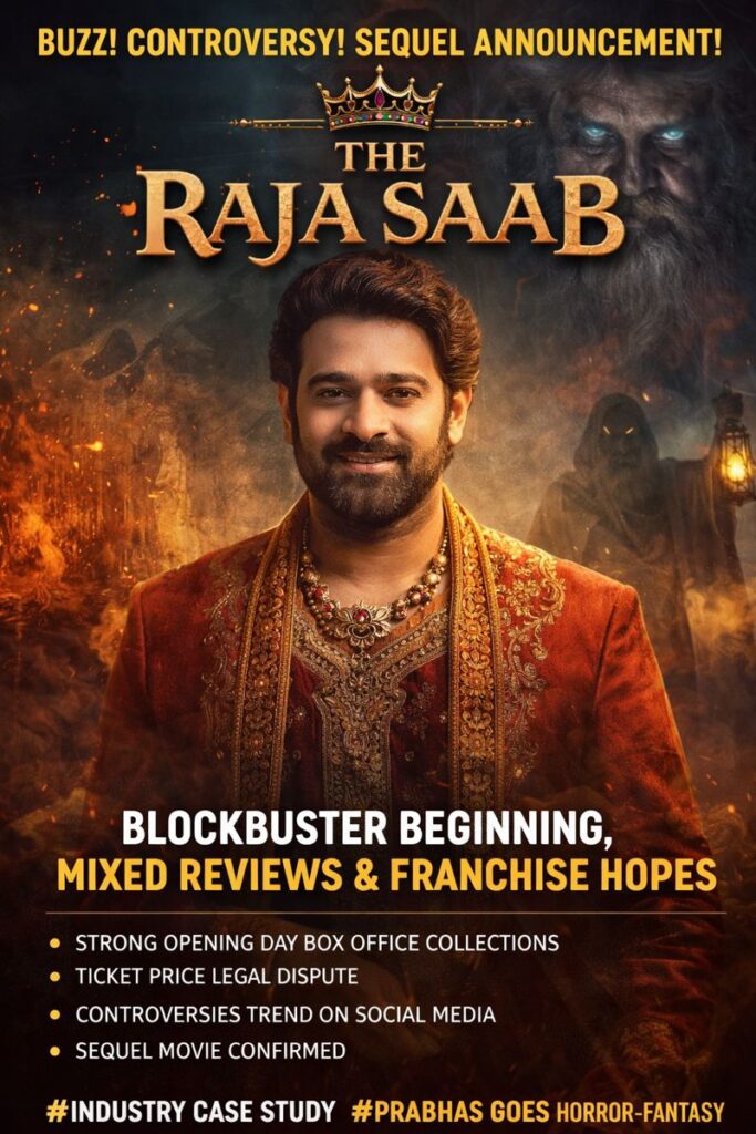 **Alt Text:**

*The Raja Saab movie poster showing Prabhas in a fantasy horror look with mysterious background, representing the horror-fantasy theme and box office buzz of the film.*
