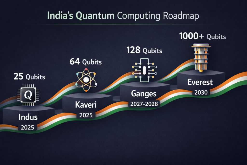 India’s Quantum Computing Roadmap 2025-2030 showing Indus, Kaveri, Ganges, and Everest generations with qubit growth, connected by a subtle Indian tricolor wave.