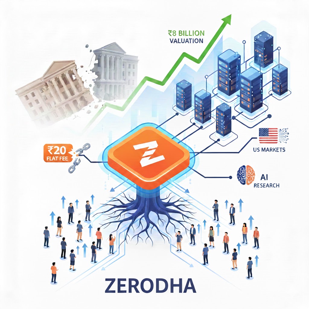 Illustrated graphic showing Zerodha as a central digital platform with a logo at the center, depicted like a tree with branching roots connecting to people, servers, and global systems. Visual elements highlight ₹20 flat fee, ₹8 billion valuation, AI research, and US markets, with upward arrows symbolizing growth and scalability.