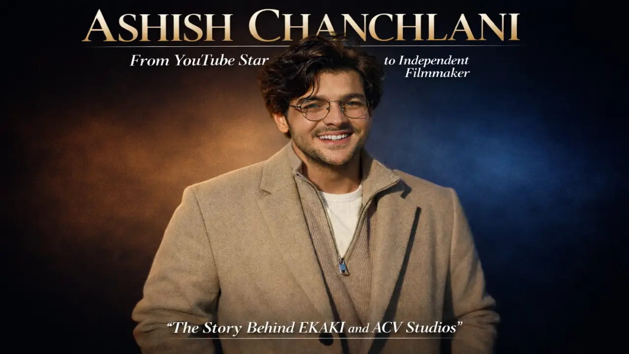 Ashish Chanchlani portrait with dark gradient background highlighting his journey from YouTube star to independent filmmaker.