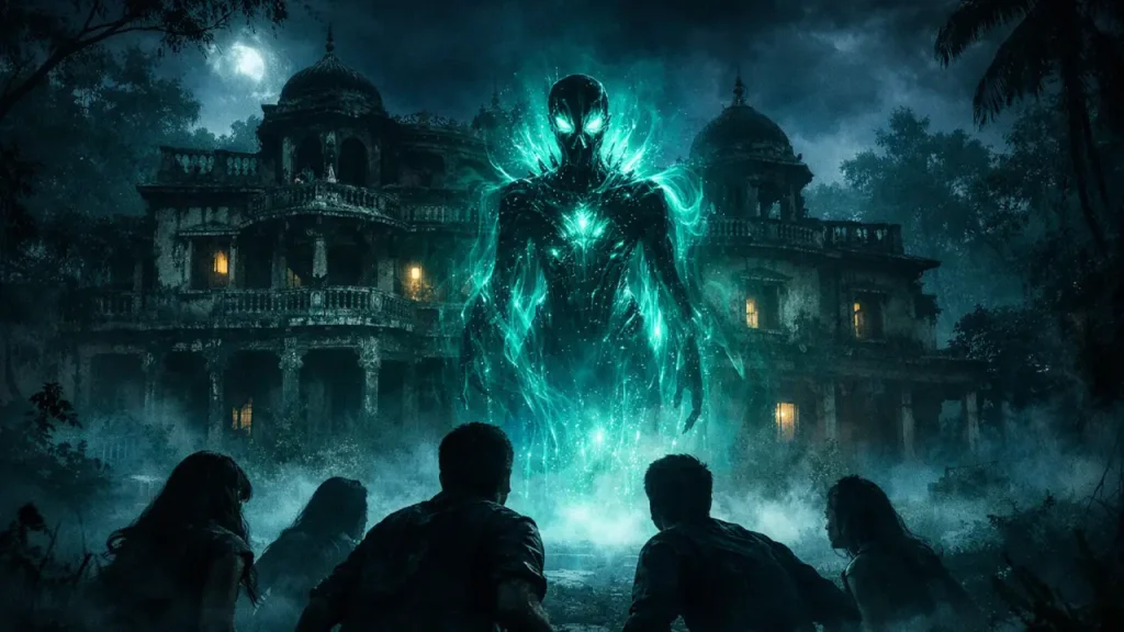 Silhouettes of frightened youths face a glowing alien entity hovering before an abandoned villa at night, surrounded by fog and dense forest.
