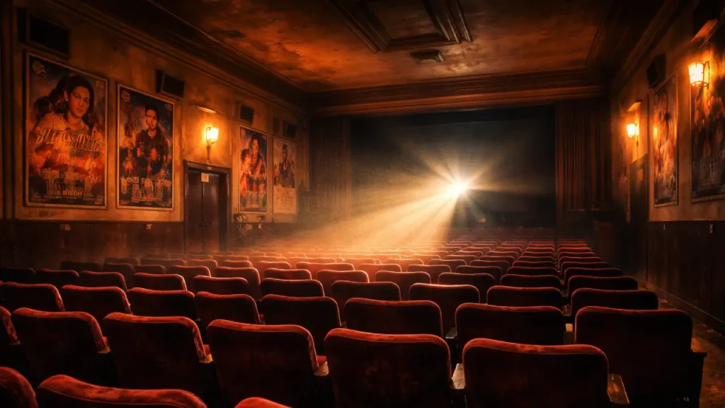 Empty 1990s Indian cinema hall with worn red velvet seats and golden projector light streaming through dusty air, vintage Bollywood posters lining the walls.
