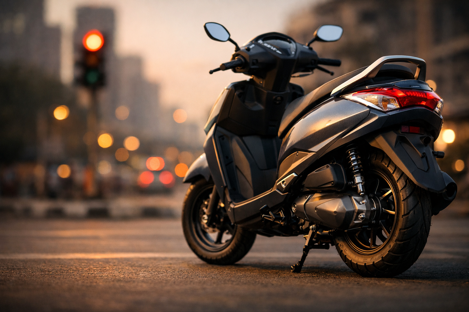 Side-profile of a Honda Activa 7G scooter on an urban street during sunset, highlighting its metallic body, rear alloy wheel, and modern design.