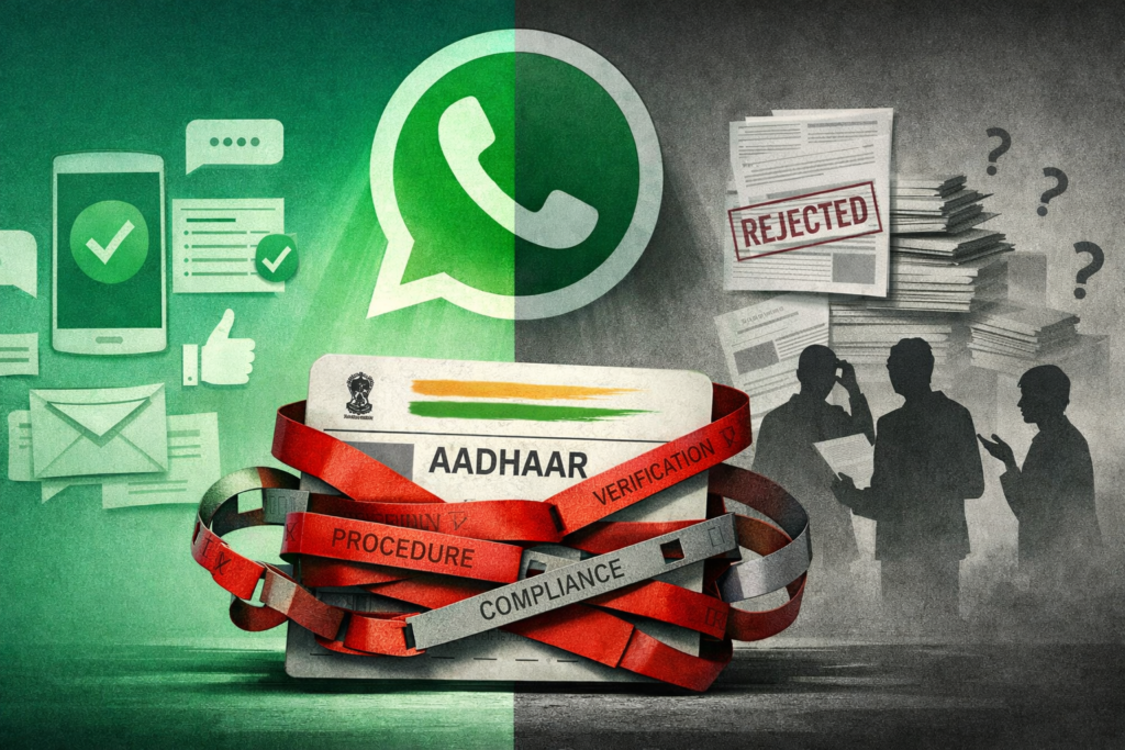 Editorial illustration showing an Aadhaar card bound in red bureaucratic tape beneath a looming WhatsApp logo, contrasting digital efficiency with paperwork-heavy democratic friction.