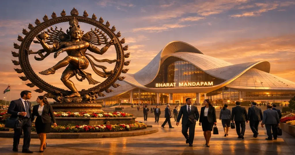 Wide-angle view of Bharat Mandapam in New Delhi at golden hour, featuring the 29-foot bronze Nataraja statue in the foreground and business executives walking past the illuminated convention center.