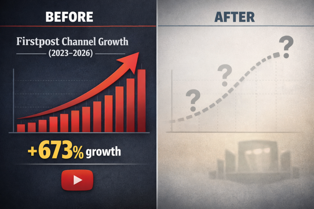 Split-screen infographic showing “Before vs After” of Firstpost Channel growth. Left: bold red upward chart with “+673% growth” (2023–2026). Right: faded, uncertain projection with question marks and blurred logo, signaling ambiguous future.