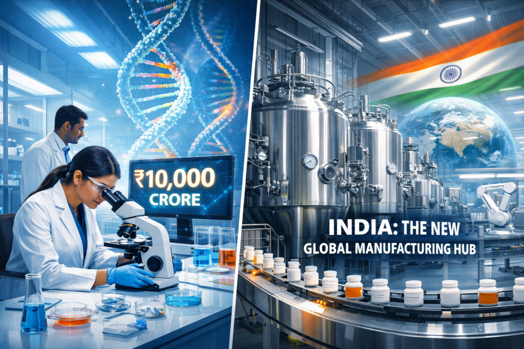 Split editorial image: Left — Indian scientists in a high-tech lab with DNA visuals and a screen showing ₹10,000 crore investment. Right — large-scale pharmaceutical manufacturing facility with stainless-steel tanks, automated lines, and a subtle Indian flag, highlighting India as a global biopharma hub.
