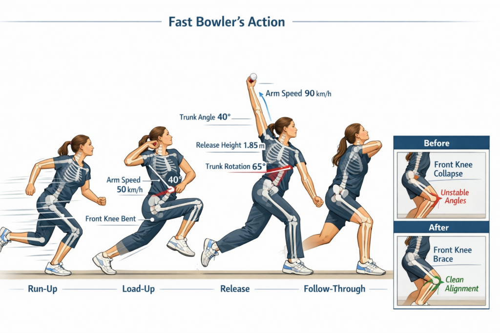 Biomechanical illustration of a women’s fast bowler showing run-up to follow-through phases, key metrics like arm speed and trunk rotation, and a before–after comparison highlighting front-knee collapse versus stable knee bracing.