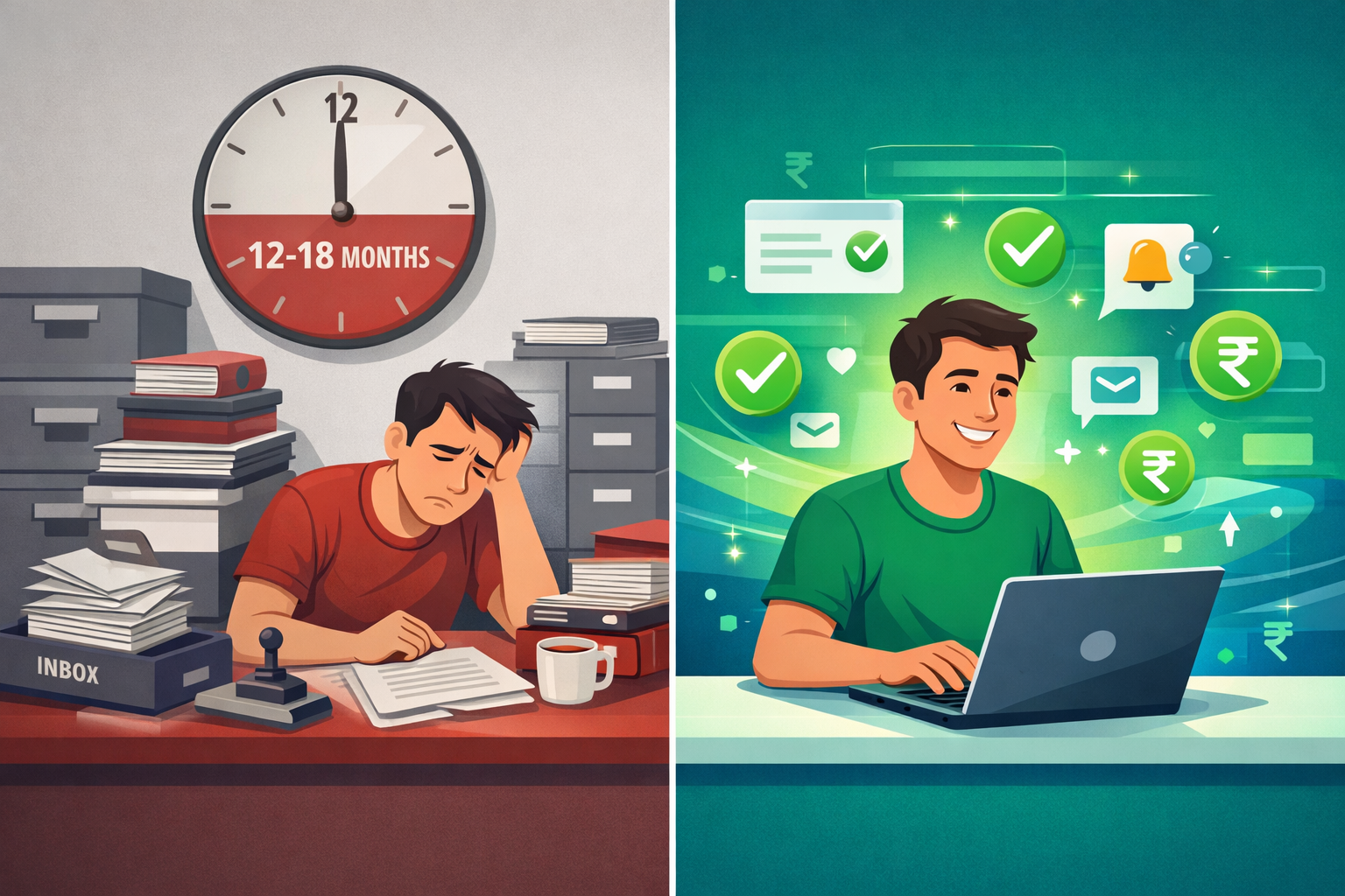 Split-screen illustration comparing an old paperwork-heavy system with a modern digital workflow for freelancers, showing stress versus efficiency.