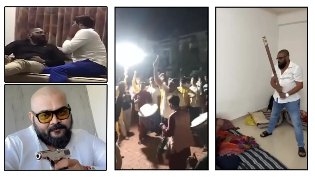 Collage showing a bearded man in multiple scenes, including holding a handgun, arguing indoors, celebrating with a crowd, and standing with a wooden stick in a room.