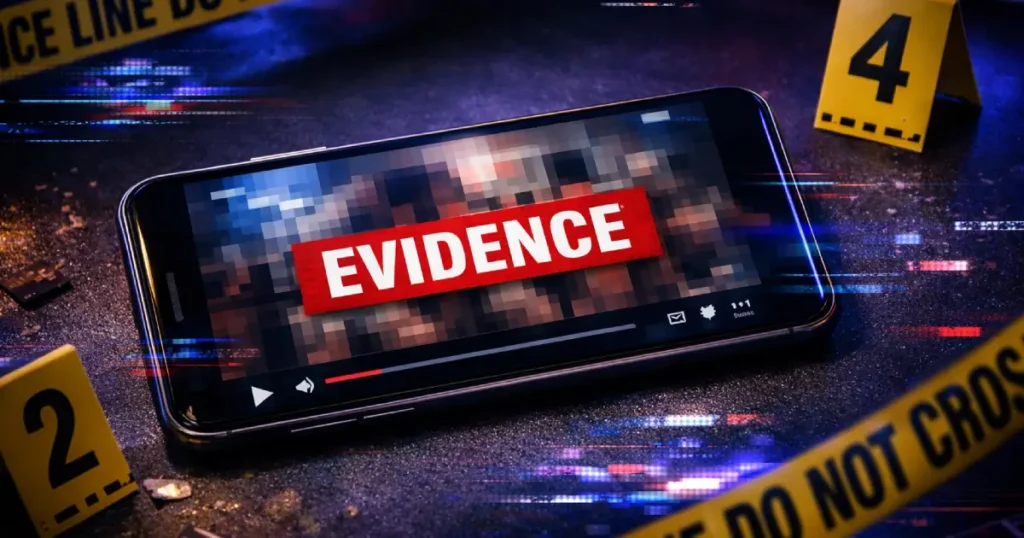 Modern smartphone on a dark surface showing a blurred video thumbnail with a red “EVIDENCE” label, surrounded by police tape and forensic markers in moody blue-purple lighting.