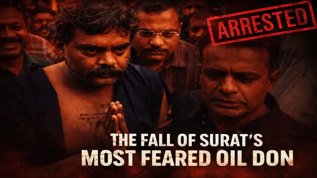 Man with folded hands being escorted through an angry crowd under dramatic red-toned lighting, with “ARRESTED” stamp and headline banner visible.