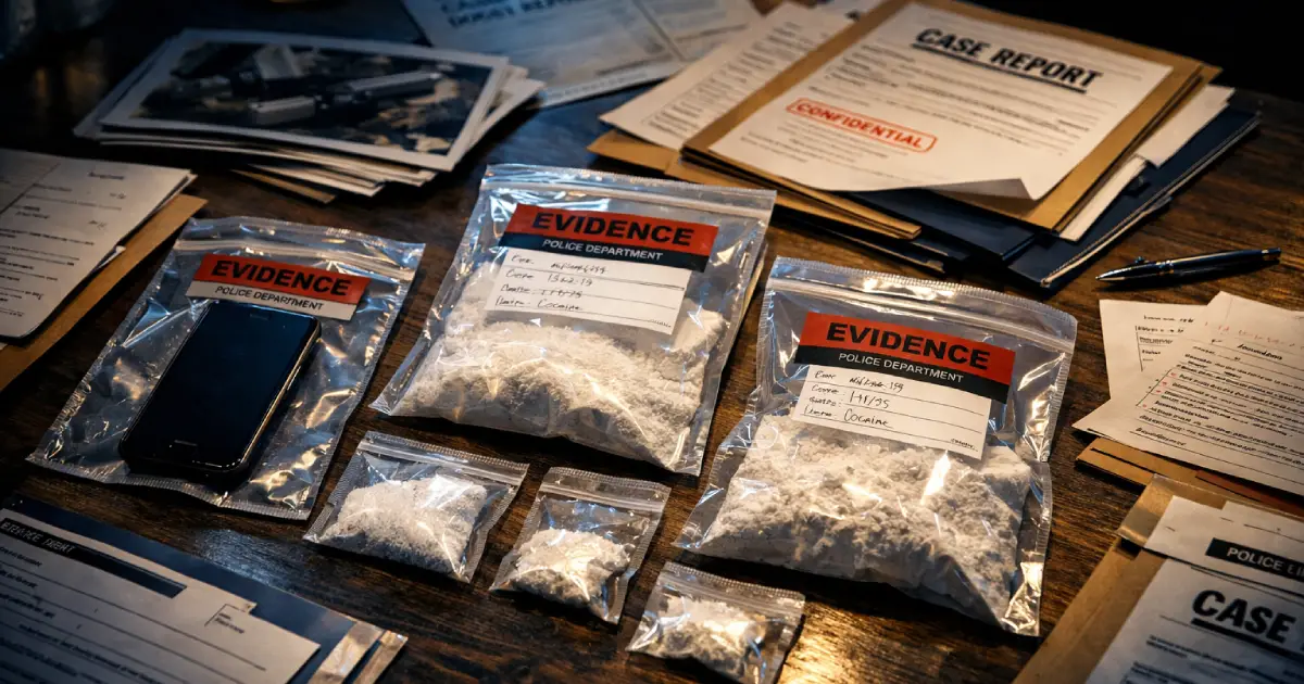 Evidence table in a dimly lit police station displaying sealed drug bags, case files, documents, and a smartphone under dramatic overhead lighting.
