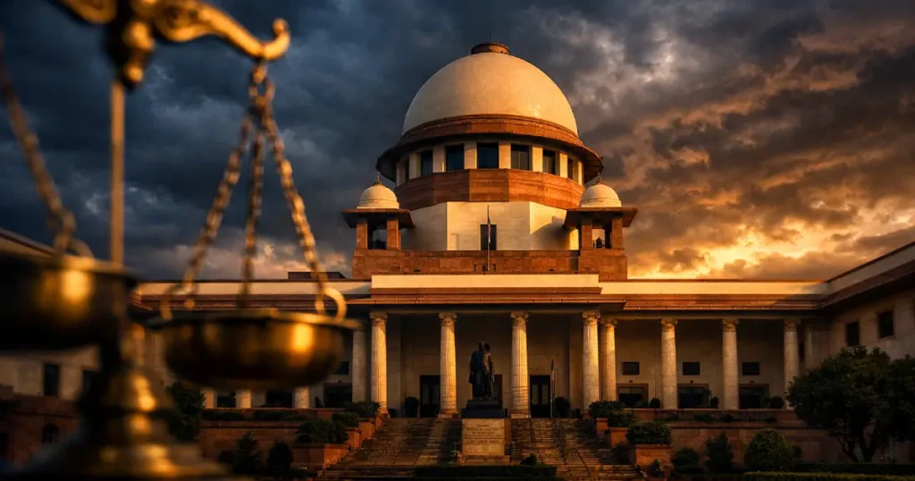 Wide-angle dramatic view of the Supreme Court of India at golden hour under stormy clouds, with blurred scales of justice in the foreground.