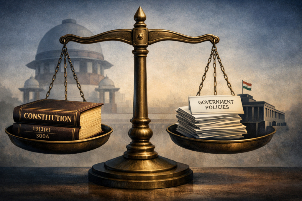 Balanced scales of justice weighing the Indian Constitution against government policies, with the Supreme Court of India faintly visible in the background.