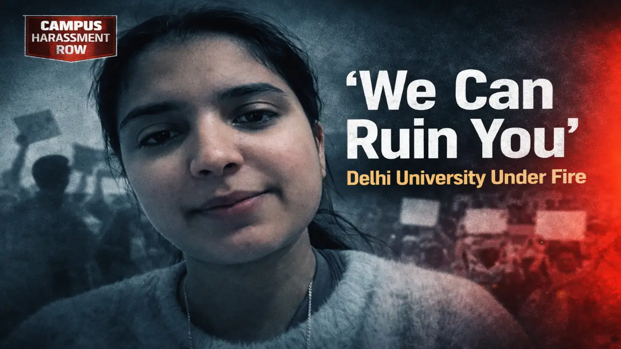 Young woman in dramatic cool-toned portrait with blurred student protest silhouettes and headline about Delhi University harassment controversy.