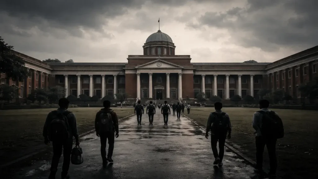 Wide-angle view of a grand red-brick colonial-style Indian university building under a moody overcast sky, with small students walking toward the imposing structure in cool, cinematic tones.
