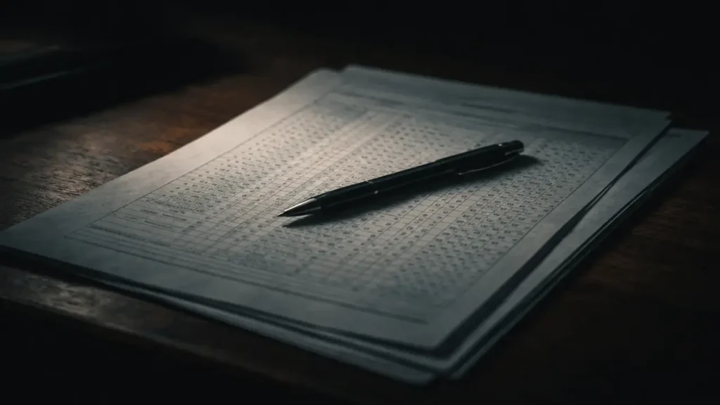 Close-up of a university exam grade sheet and answer booklet on a wooden desk, with a black pen placed diagonally under moody low lighting.

