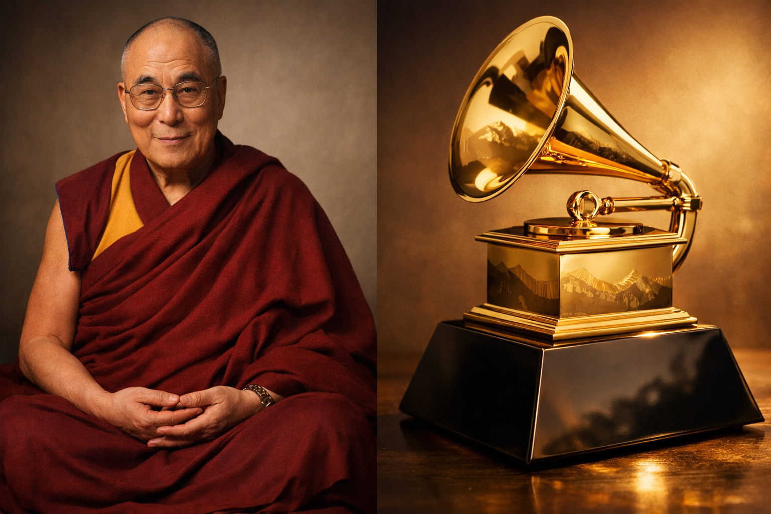 Split-screen image showing the Dalai Lama seated calmly in traditional robes beside a golden Grammy trophy with subtle Himalayan reflections.