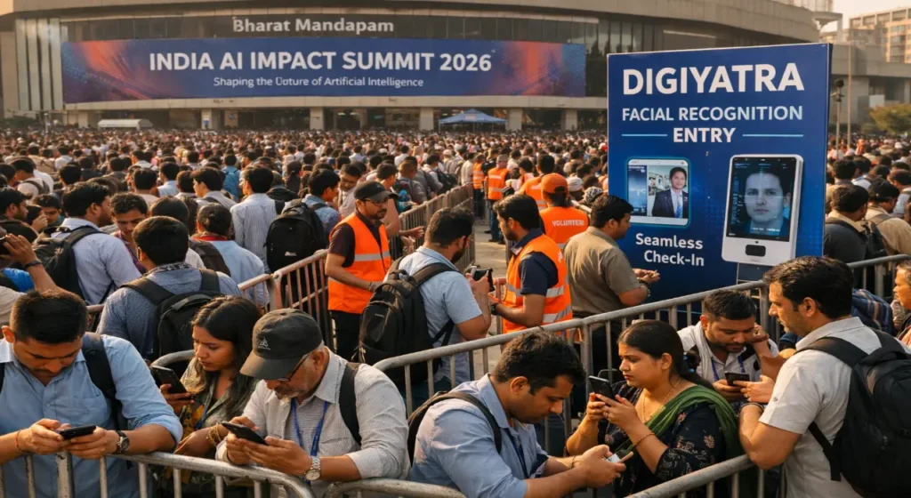 Massive crowd queues outside Bharat Mandapam during the India AI Impact Summit 2026, with attendees waiting behind barricades, checking phones amid network issues, and volunteers managing entry near DigiYatra facial recognition signage in warm afternoon light.
