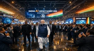 Prime Minister Narendra Modi walking through the India AI Impact Summit 2026 exhibition hall at Bharat Mandapam, surrounded by AI startup booths and delegates.