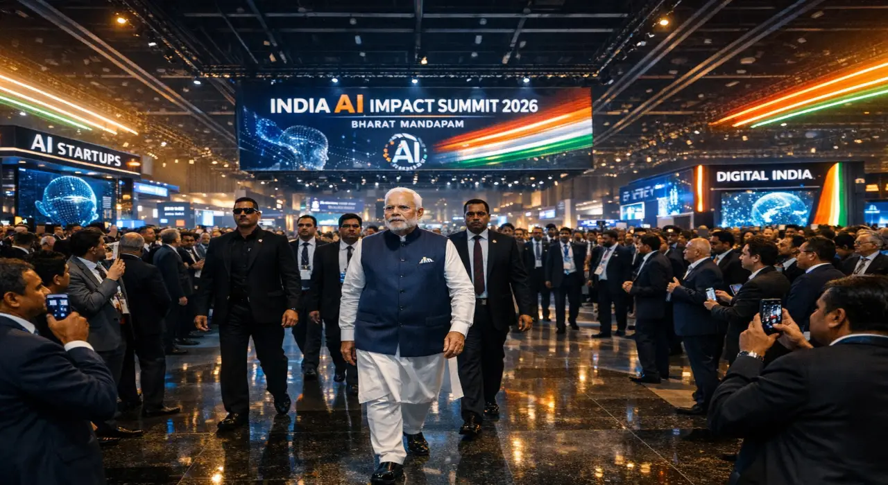 Prime Minister Narendra Modi walking through the India AI Impact Summit 2026 exhibition hall at Bharat Mandapam, surrounded by AI startup booths and delegates.