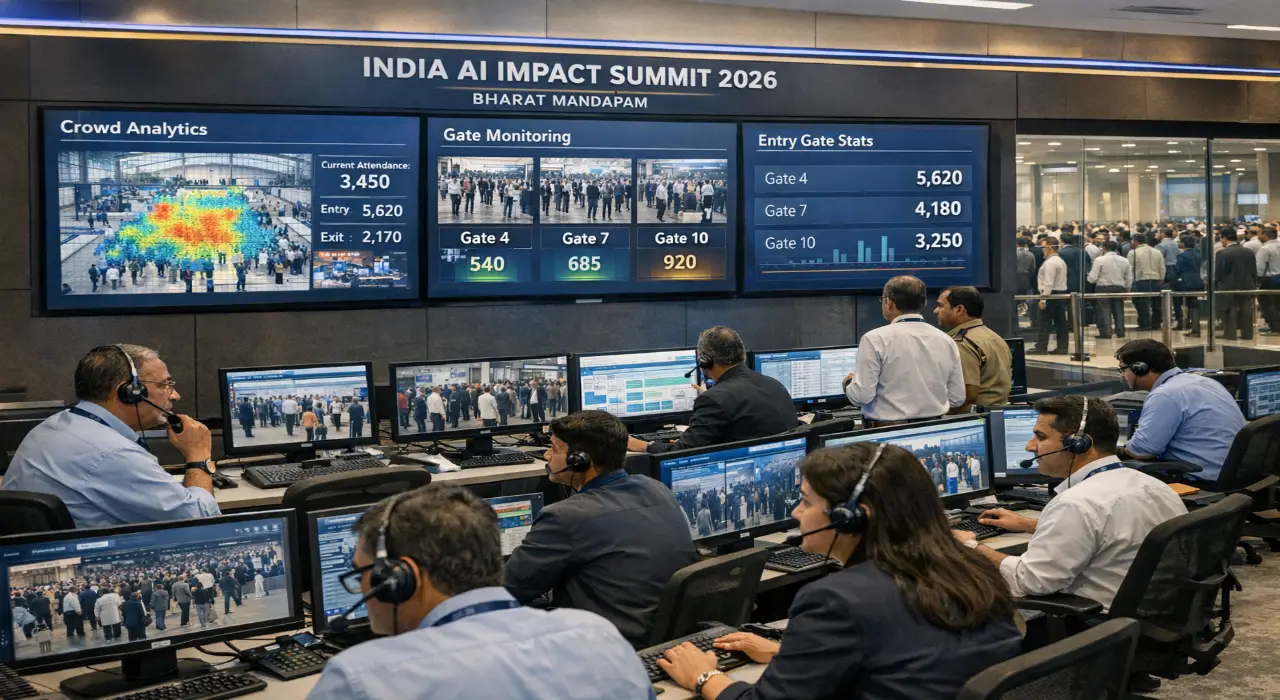 Officials monitor crowd analytics and gate data screens inside the India AI Impact Summit 2026 command center at Bharat Mandapam.