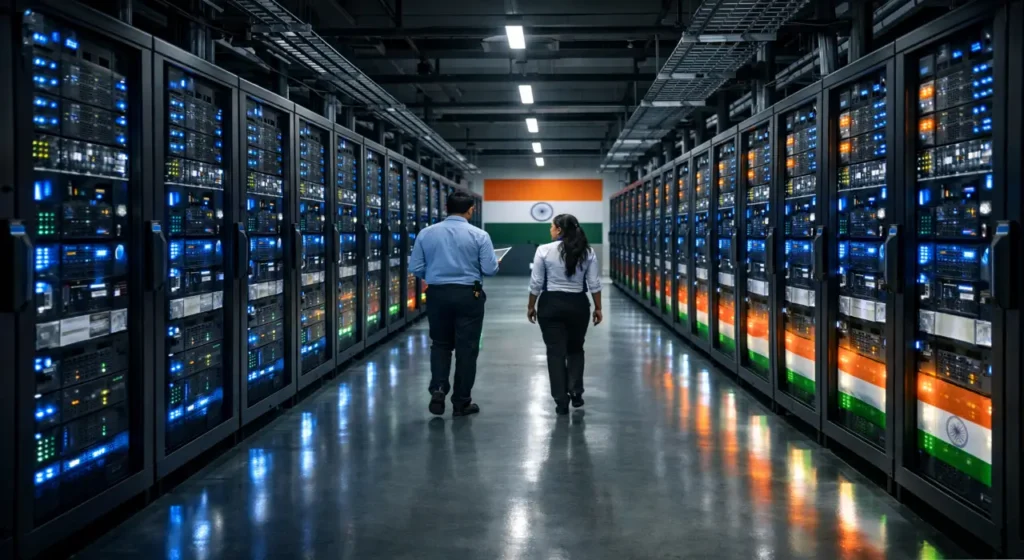 Modern Indian data center interior with long rows of blue-lit GPU server racks and two technicians walking down the central aisle, subtle tricolor reflections visible in the ultra-clean facility.
