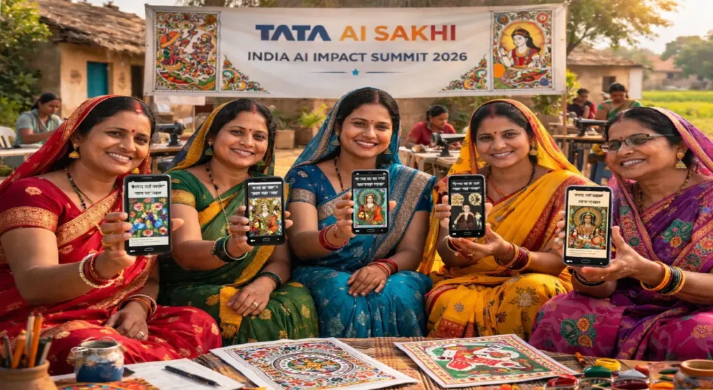 Rural Indian women in colorful sarees proudly display smartphones showing AI-generated design ideas in a regional language during the Tata AI Sakhi program at the India AI Impact Summit 2026.
