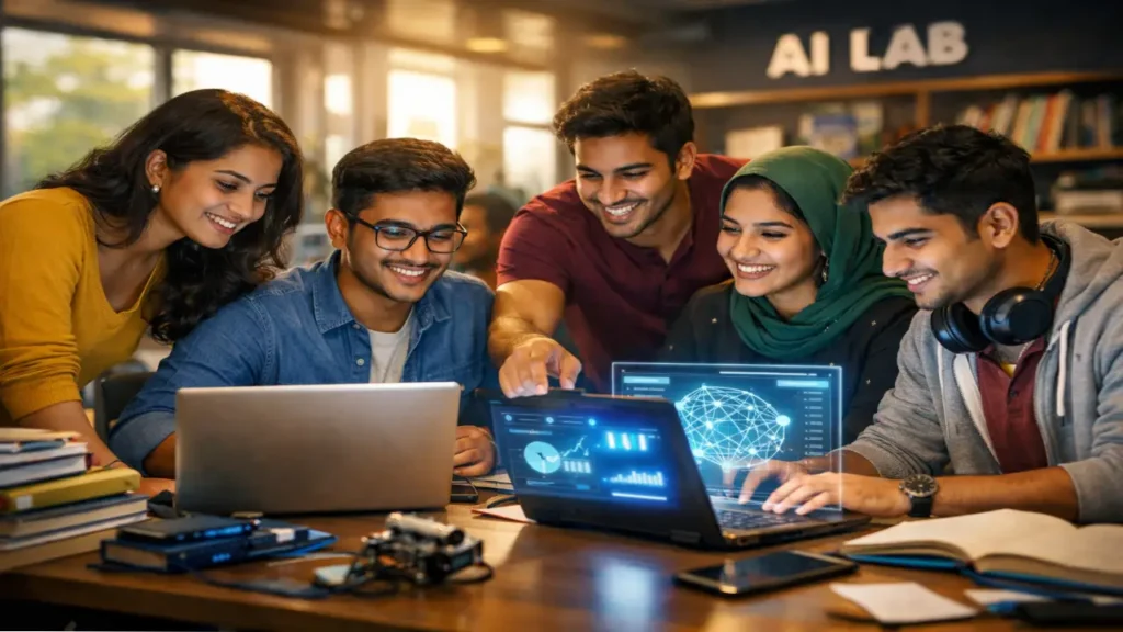 Young Indian students and professionals collaborating in a modern AI lab, working on laptops with glowing data visualizations in a vibrant, technology-driven environment.