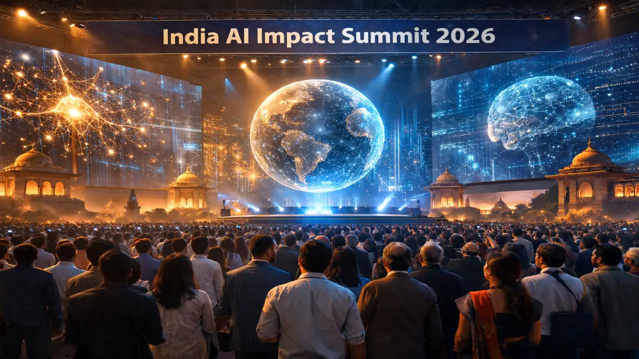Grand view of India AI Impact Summit 2026 in a futuristic New Delhi convention hall with a holographic globe, AI visuals on massive LED screens, and a large audience of delegates and students.