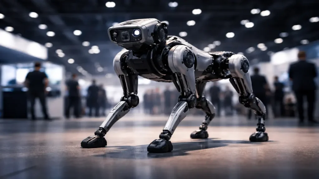 Sleek metallic quadruped robot dog showcased on a trade show floor under dramatic lighting, with a blurred expo crowd in the background.