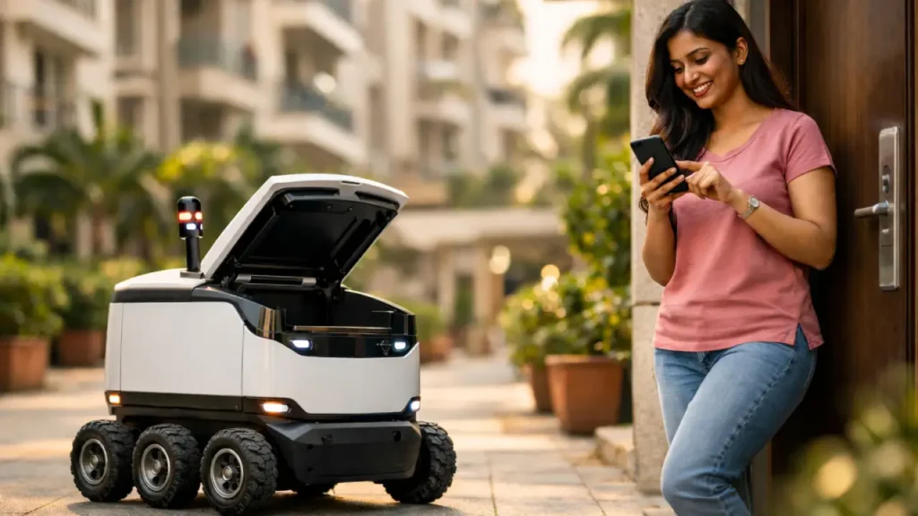 Young woman unlocking a compact autonomous delivery robot with her smartphone outside a modern apartment complex in warm afternoon light.
