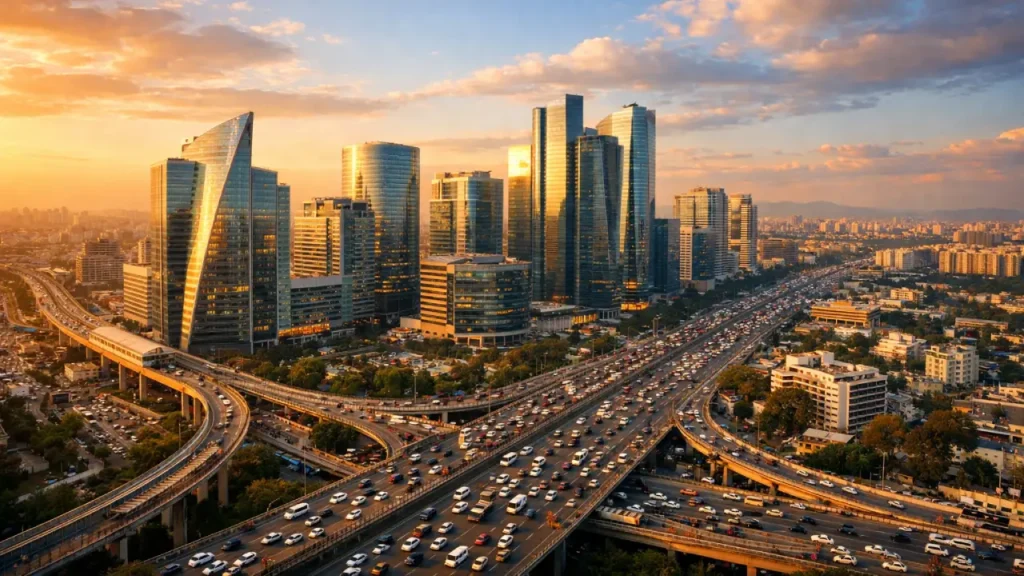 Aerial view of Gurugram’s Cyber City skyline at golden hour, with glass skyscrapers glowing in warm sunset light and heavy traffic flowing along multi-lane highways below.
